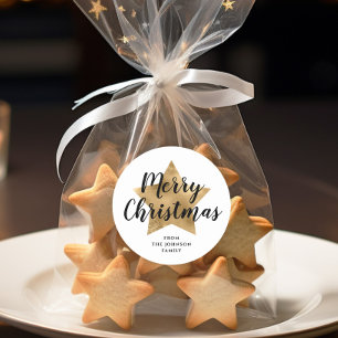 Elegant White Faux Gold Star Merry Christmas Classic Round Sticker