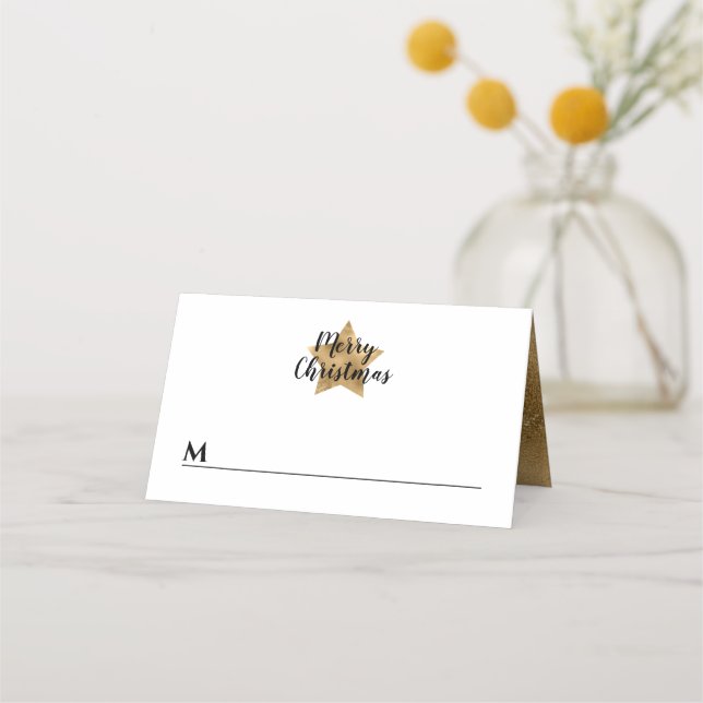 Elegant White Faux Gold Star Merry Christmas  Place Card (Front)