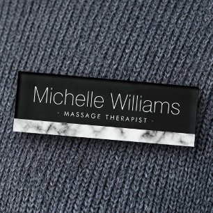 Elegant white faux marble border black name tag