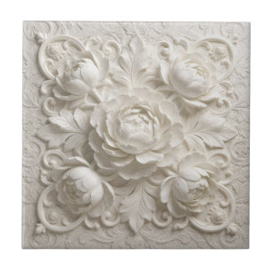 Elegant White Faux Relief Flowers Tile