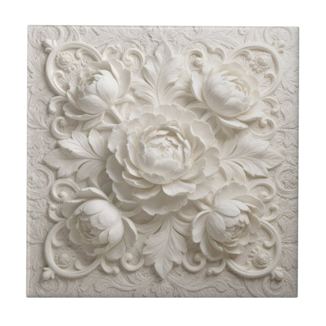 Elegant White Faux Relief Flowers Tile (Front)