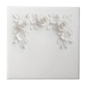 Elegant White Faux Relief Roses Tile
