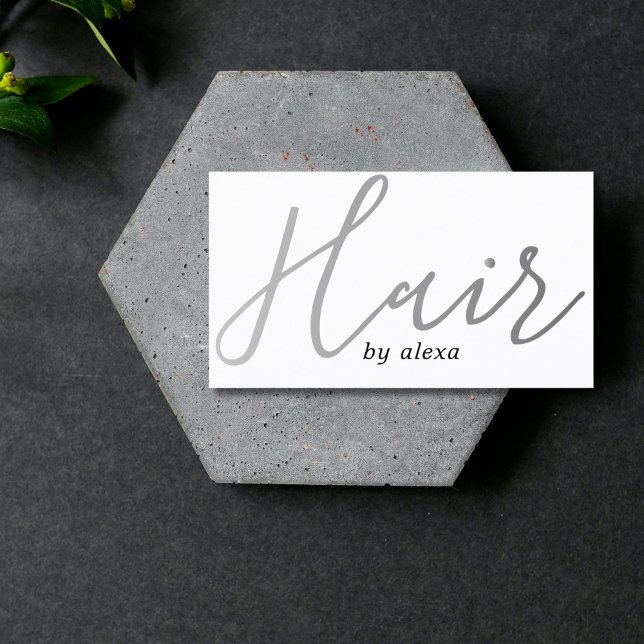 Elegant White Faux Silver Bold Hair Stylist  Business Card (Creator Uploaded)