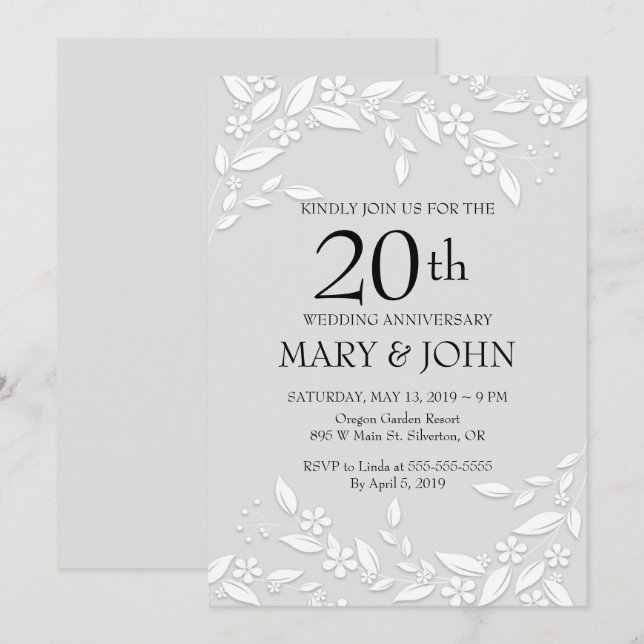 Elegant White Floral 20th Anniversary Invite (Front/Back)