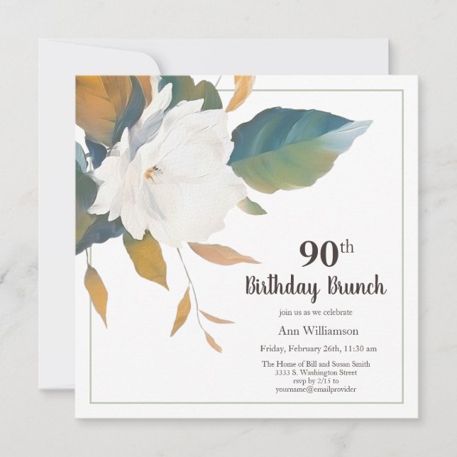 Elegant White Floral 90th Birthday Party Invitation (Front)