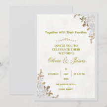 Elegant White Floral and Gold Foil Wedding Invitat