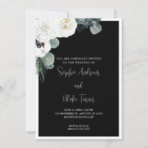 Elegant White Floral and Greenery Black Wedding Invitation