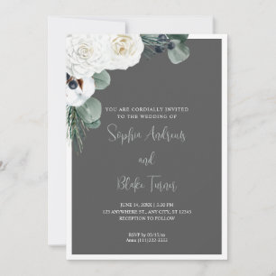 Elegant White Floral and Greenery Grey Wedding Invitation