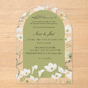 Elegant White Floral Arched Acrylic Islamic Nikkah Invitations