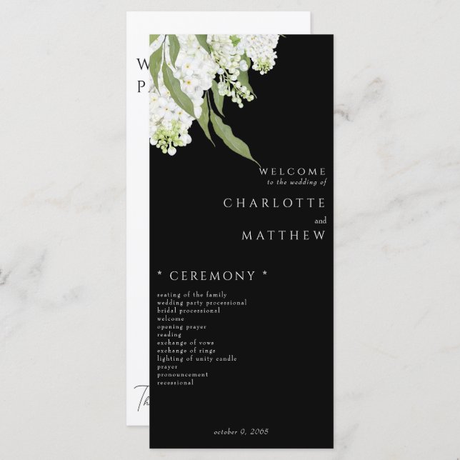 Elegant White Floral B/W Wedding Program Menu (Front/Back)