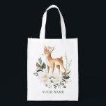 Elegant White Floral Baby Deer Baby Shower Favours Reusable Grocery Bag<br><div class="desc">This lovely grocery bag features watercolor illustration of elegant magnolia floral arrangement,  lush greenery and a cute baby deer. Personalise the bag with your own wording by clicking the "Personalise" button.</div>