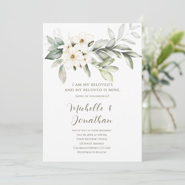 Elegant White Floral Bible Verse Christian Wedding Invitation (Standing Front)