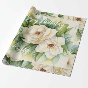 Elegant White Floral Birthday Name Script Wrapping Paper