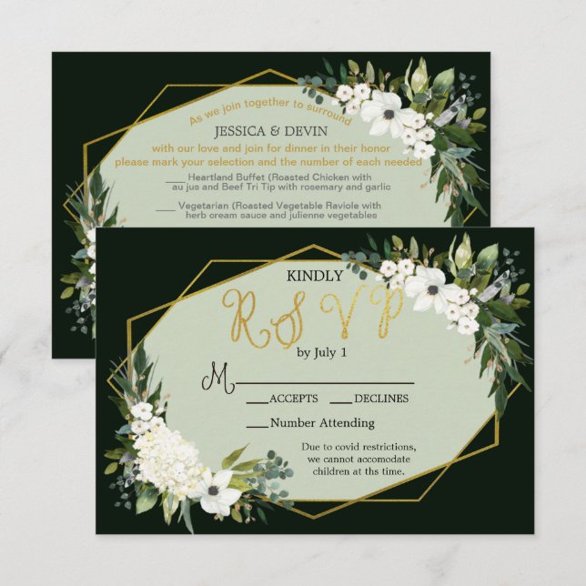 Elegant White Floral Black & Gold Geometric  RSVP Card (Front/Back)