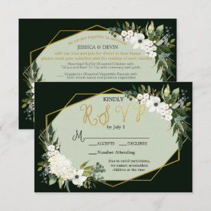 Elegant White Floral Black & Gold Geometric RSVP Card