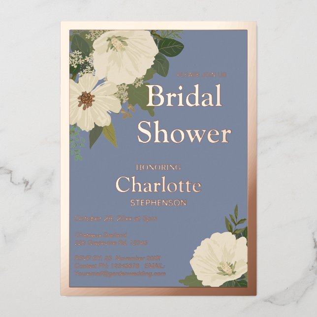 Elegant White Floral Blooms Bridal Shower Blue and (Front)