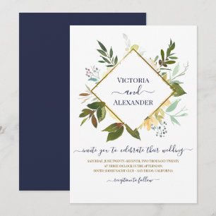 Elegant White Floral Blue Gold Foil Frame Wedding Invitation