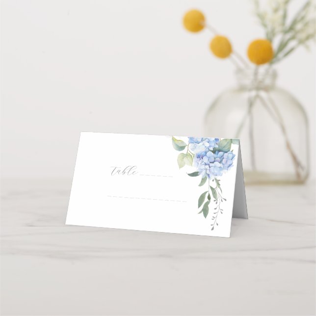 Elegant White Floral Blue Hydrangea Wedding Table  Place Card (Front)