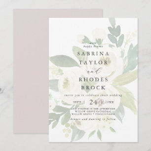 Elegant White Floral Blush Mauve Faded Wedding Invitation