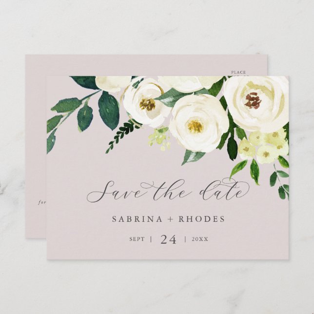 Elegant White Floral | Blush Mauve Save the Date Invitation Postcard (Front/Back)