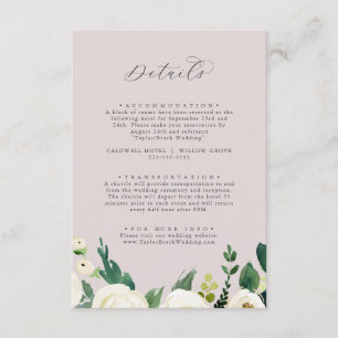 Elegant White Floral Blush Mauve Wedding Details Enclosure Card
