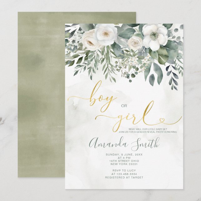 Elegant White Floral Boy or Girl Gender Reveal Invitation (Front/Back)