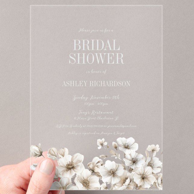 Elegant White Floral Bridal Shower Acrylic Invitations (White Floral Acrylic Bridal Shower Invitation, Clear Invitation, Winter Wedding, Fall Autumn)