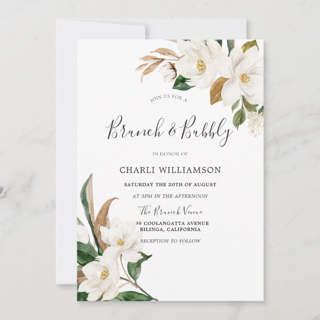 Elegant White Floral Bridal Shower Brunch & Bubbly Invitation (Front)