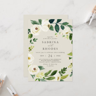 Elegant White Floral Champagne Front Back Wedding Invitation