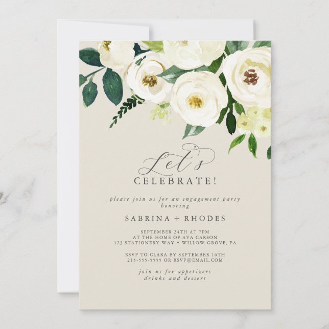 Elegant White Floral | Champagne Let's Celebrate Invitation (Front)