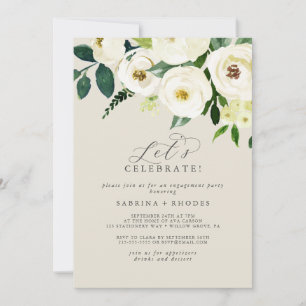 Elegant White Floral Champagne Let's Celebrate Invitation