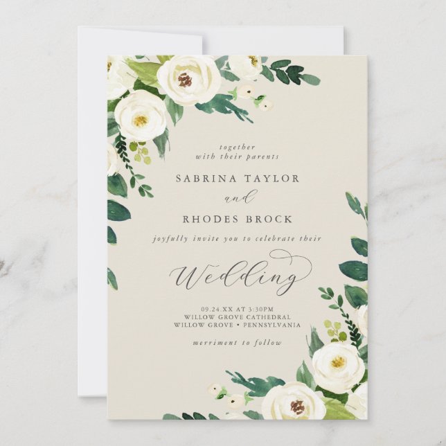 Elegant White Floral | Champagne Wedding Invitation (Front)