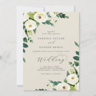 Elegant White Floral Champagne Wedding Invitation