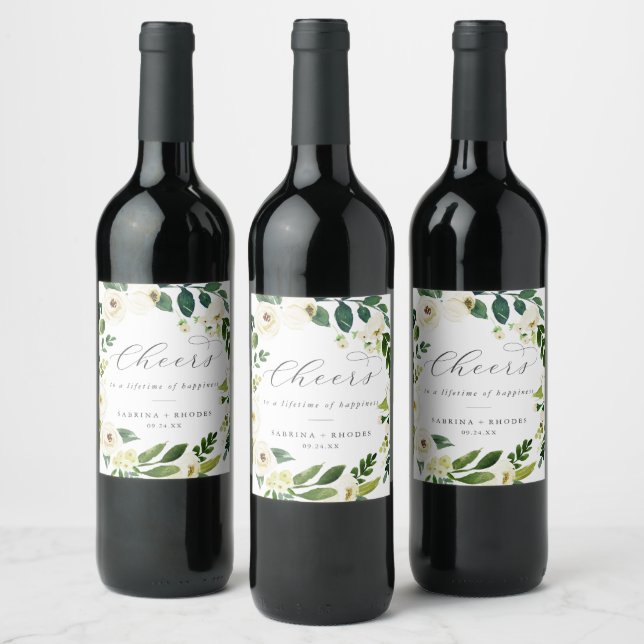 Elegant White Floral Cheers Wedding Wine Labels (Bottles)
