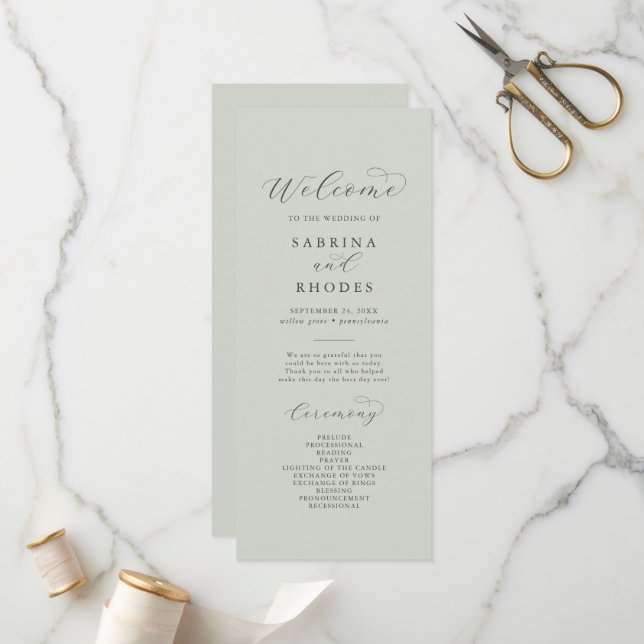 Elegant White Floral Coordinate Sage Mint Wedding Programme (Front/Back In Situ)