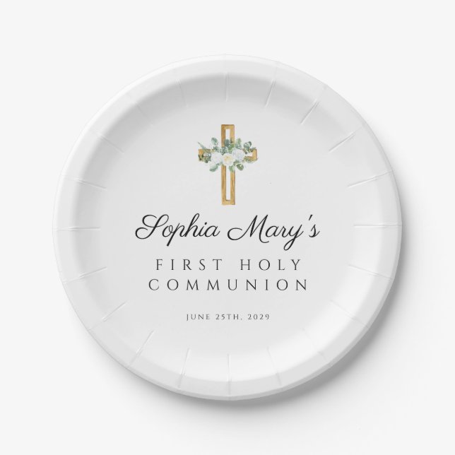 Elegant White Floral Cross First Communion Paper Plate (Front)
