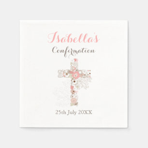 Elegant white floral cross name girl confirmation napkin