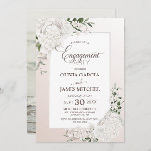 Elegant White Floral Custom Photo Engagement Party Invitation
