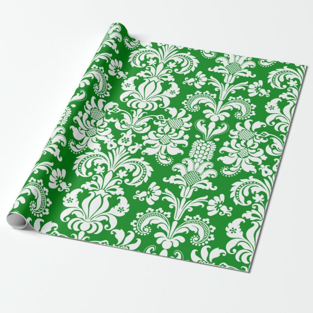 Elegant White Floral Damasks green Background Wrap Wrapping Paper (Unrolled)