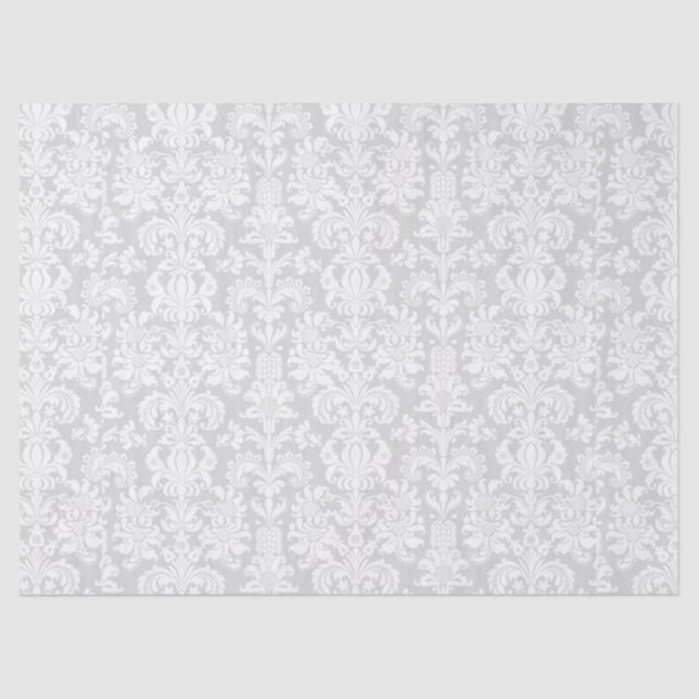 Elegant White Floral Damasks Over Grey Background Tissue Paper (Front)