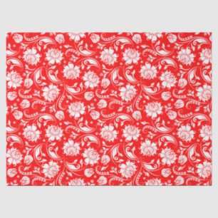 Elegant White Floral Damasks Over Red Background Tissue Paper