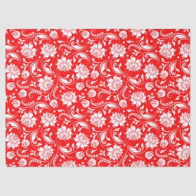 Elegant White Floral Damasks Over Red Background Tissue Paper (Front)