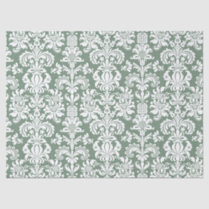 Elegant White Floral Damasks Over Sage Green Tissue Paper