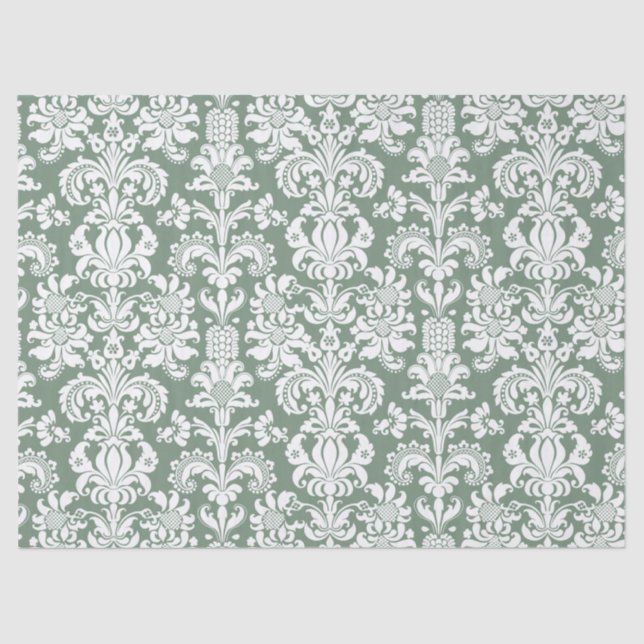 Elegant White Floral Damasks Over Sage Green Tissue Paper (Front)
