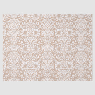 Elegant White Floral Damasks Over Tan Background Tissue Paper