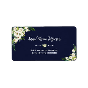 Elegant White Floral Dark Blue Wedding Label