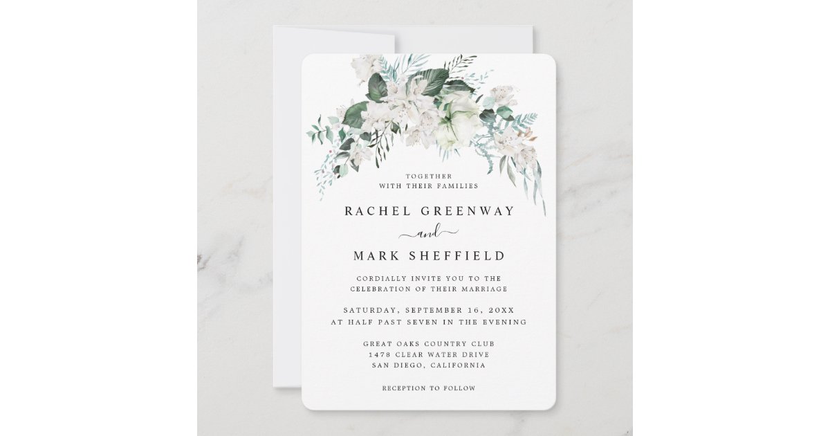 Elegant White Floral Dusty Blue Greenery Wedding Invitation | Zazzle