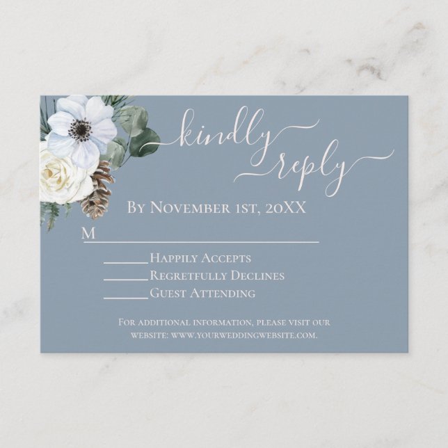 Elegant White Floral Dusty Blue RSVP Enclosure Card (Front)