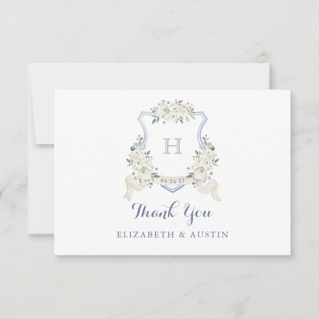 Elegant White Floral Dusty Blue Wedding Crest Thank You Card (Front)