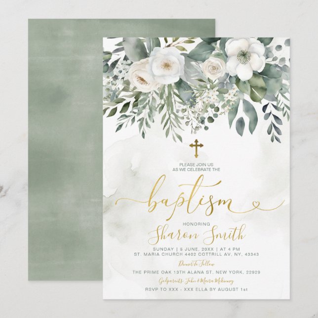 Elegant White Floral Eucalyptus Baptism Gold Cross Invitation (Front/Back)